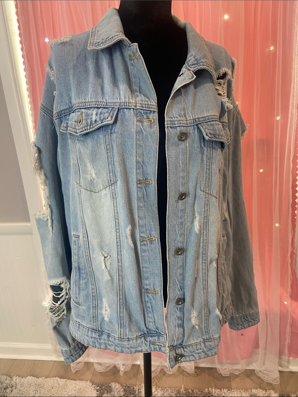 Vivid Light Blue Distressed Denim Jacket - Women's Relaxed Jean Jacket